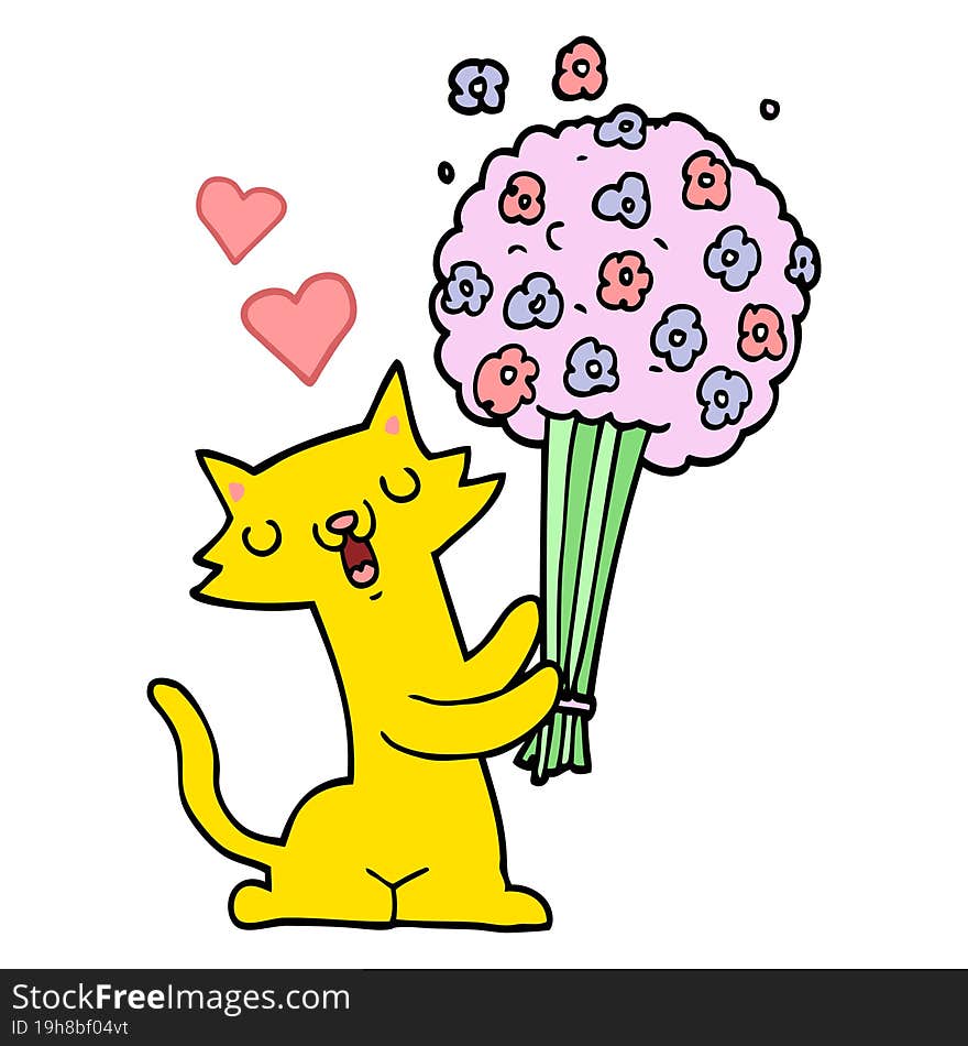 cartoon cat in love with flowers