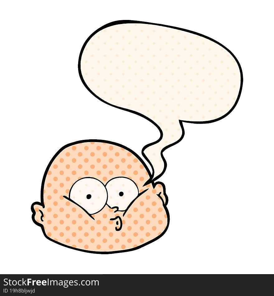 cartoon curious bald man and speech bubble in comic book style