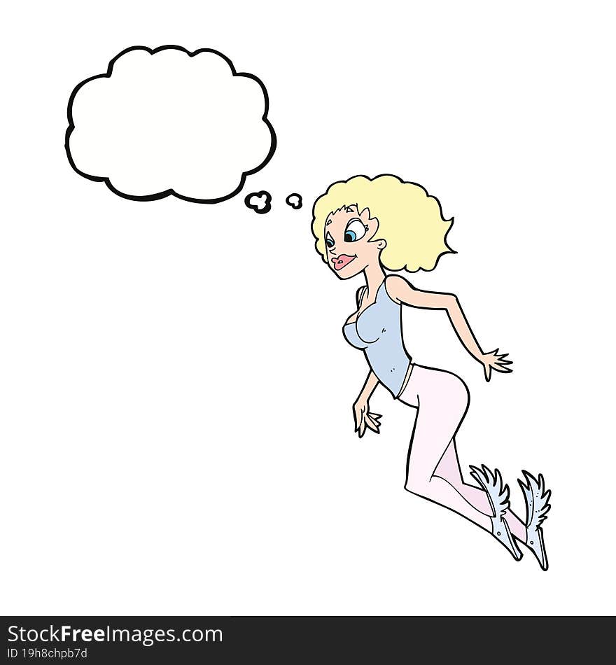 cartoon flying woman with thought bubble