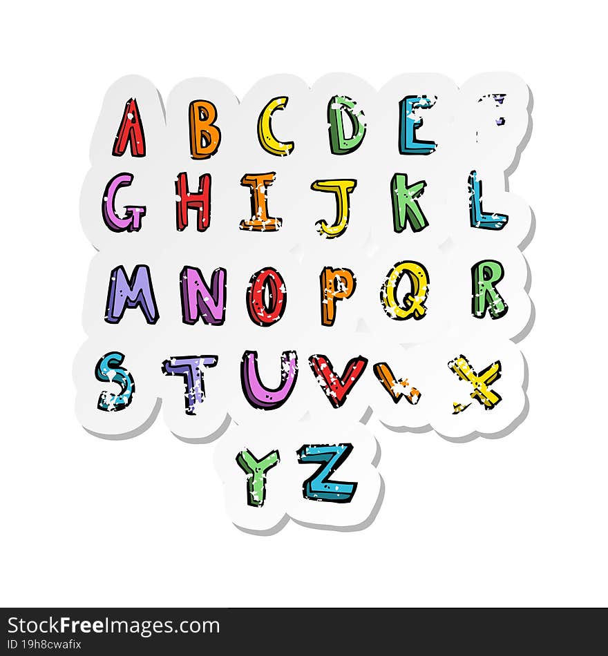 retro distressed sticker of a cartoon alphabet