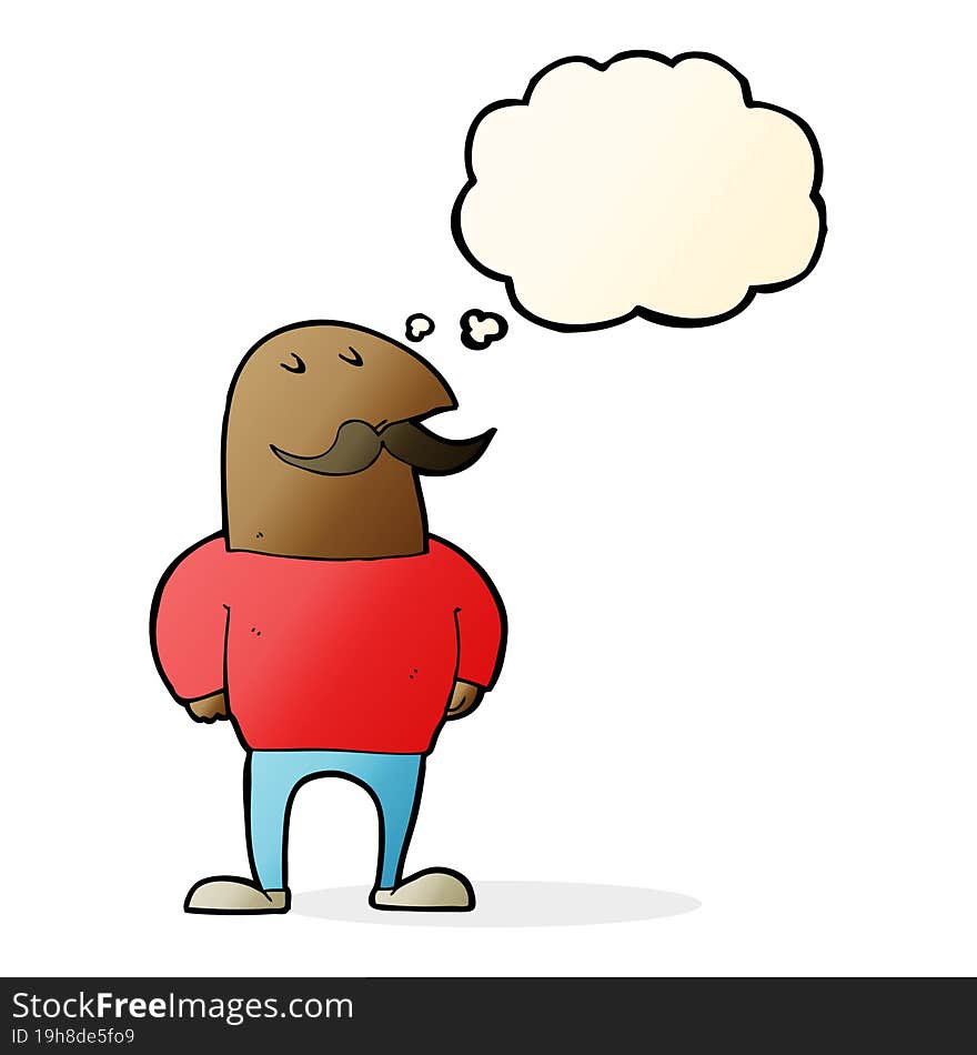 cartoon bald man with mustache with thought bubble