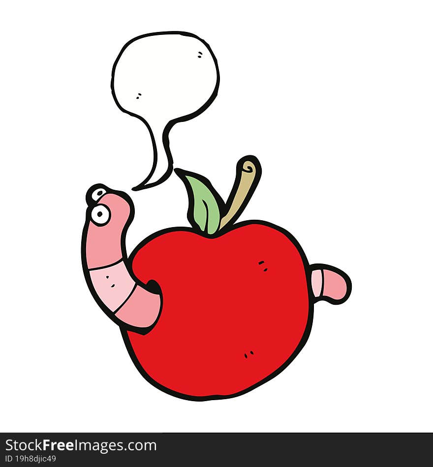 cartoon worm in apple with speech bubble