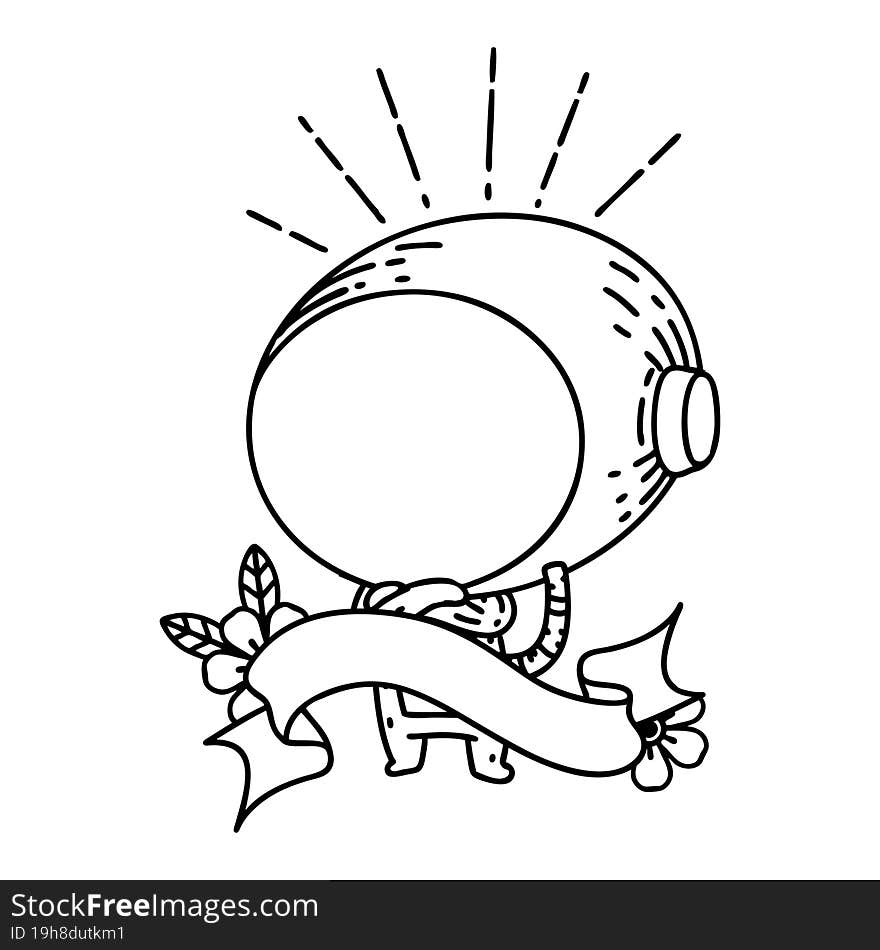 banner with black line work tattoo style astronaut