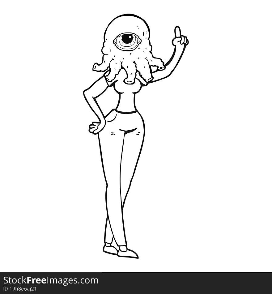 black and white cartoon female alien with raised hand