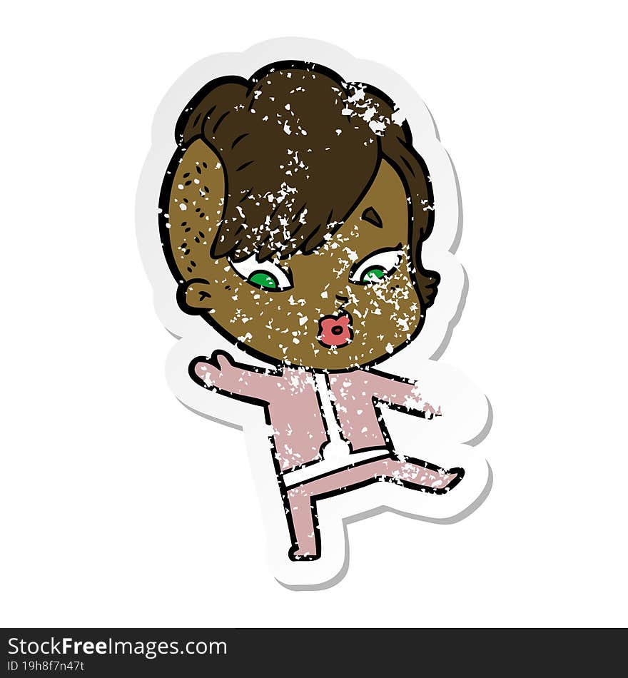 distressed sticker of a cartoon surprised girl in science fiction clothes