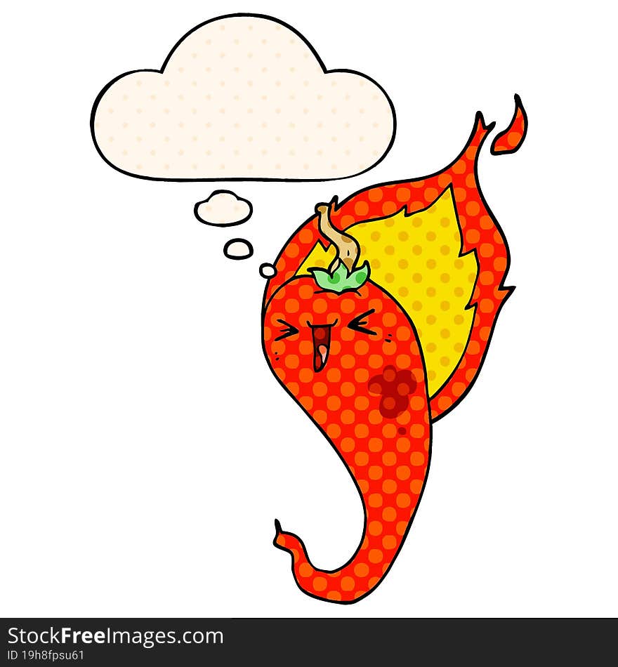 cartoon flaming hot chili pepper and thought bubble in comic book style