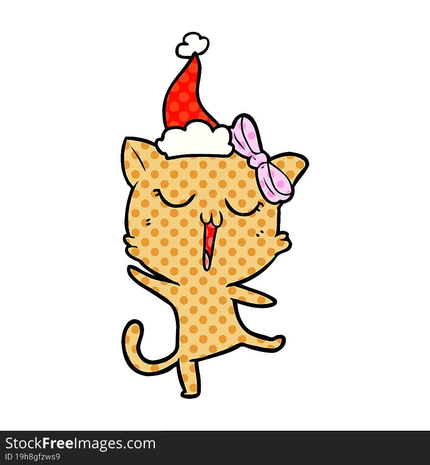 hand drawn comic book style illustration of a cat wearing santa hat