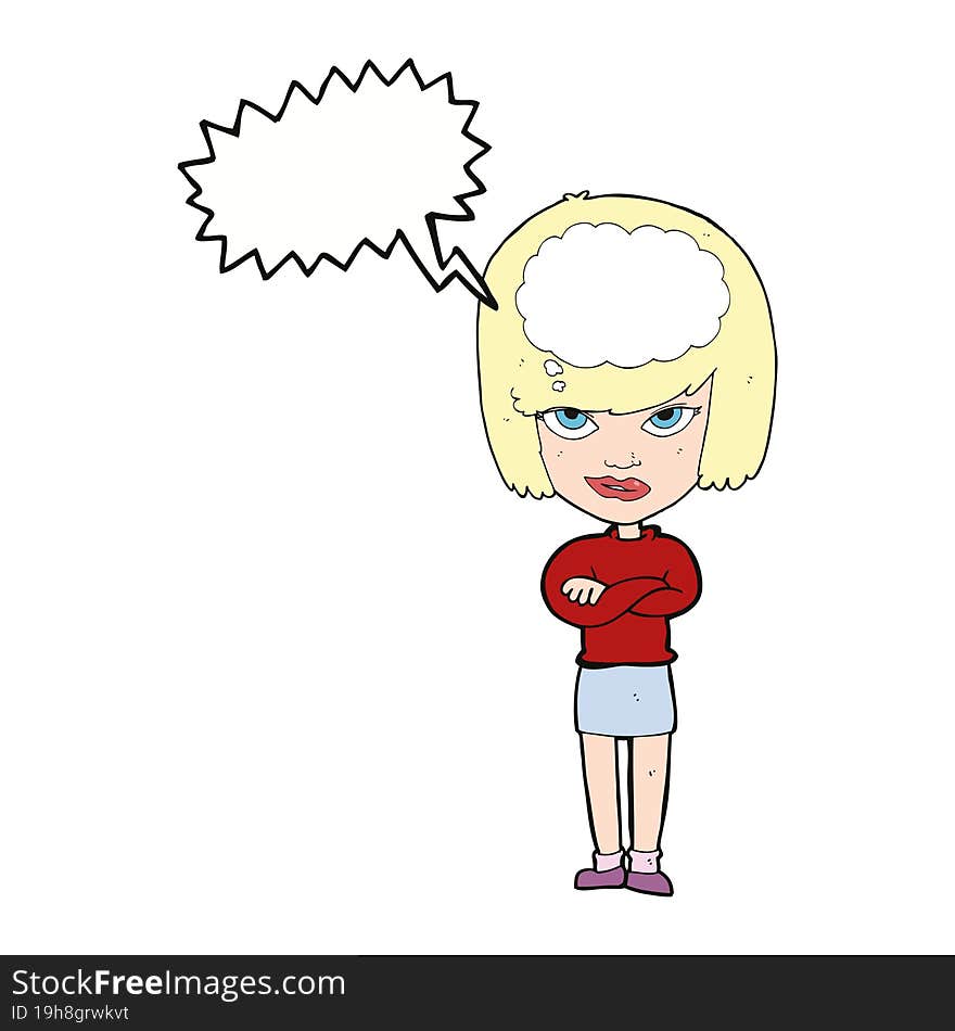 cartoon woman with folded arms imagining with speech bubble