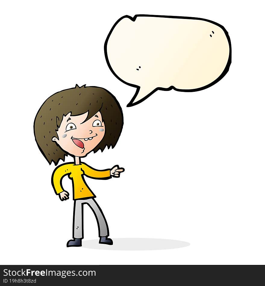 cartoon woman laughing and pointing with speech bubble