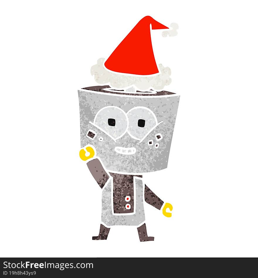 happy retro cartoon of a robot waving hello wearing santa hat