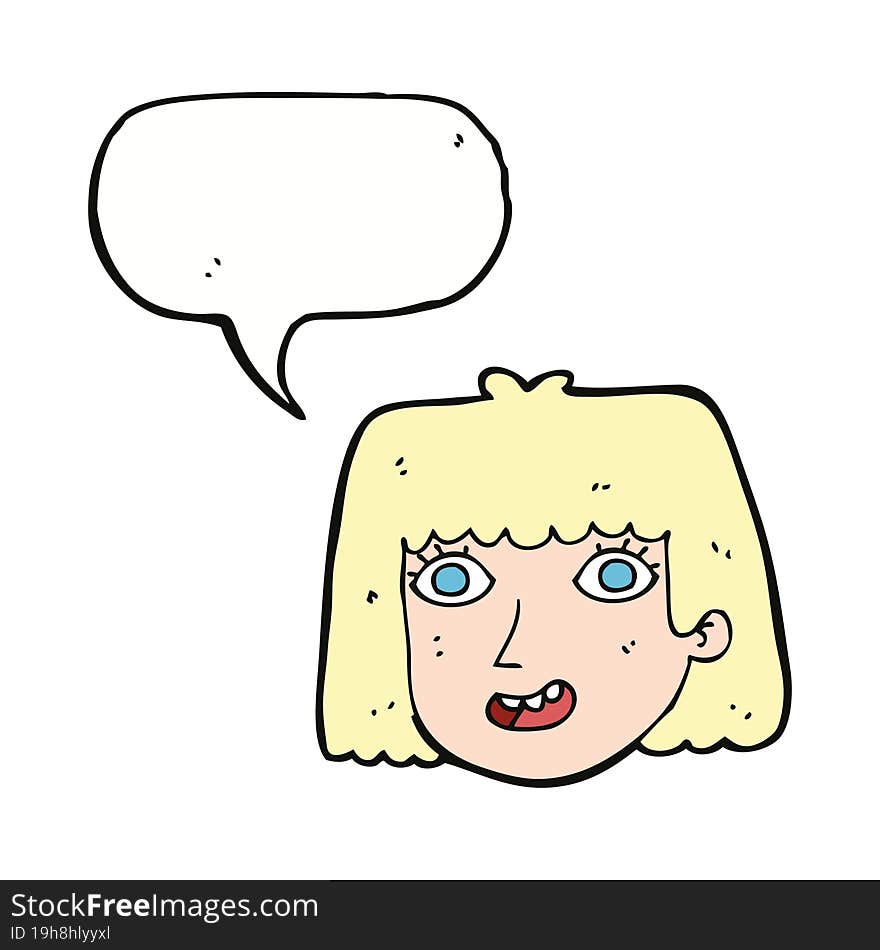 cartoon happy female face with speech bubble