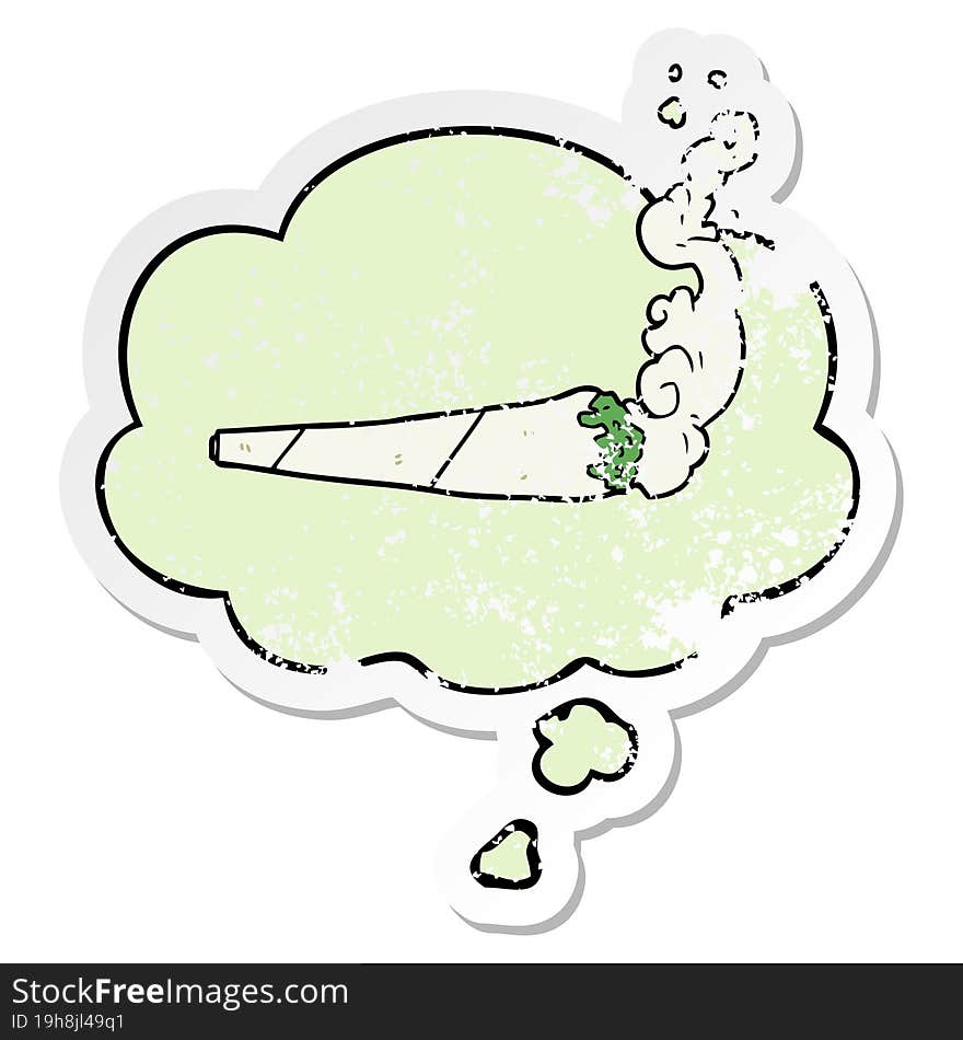 cartoon marijuana joint and thought bubble as a distressed worn sticker