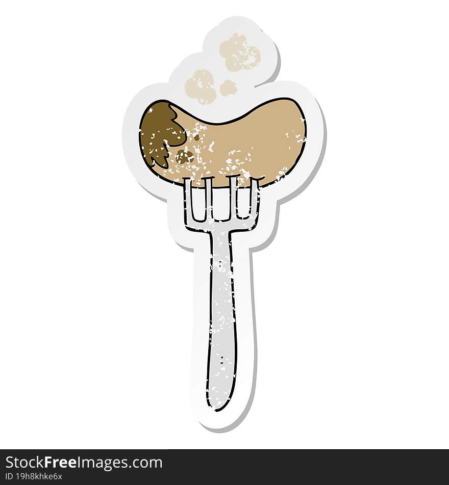 Distressed Sticker Of A Cartoon Sausage And Fork