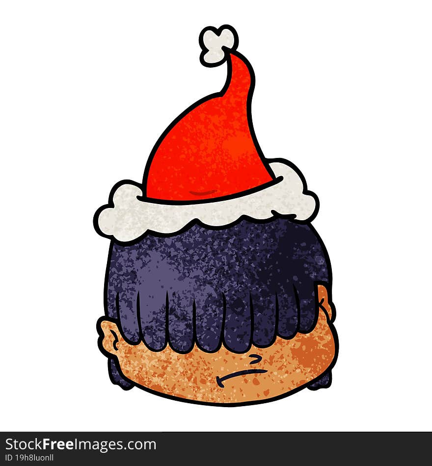 textured cartoon of a face with hair over eyes wearing santa hat