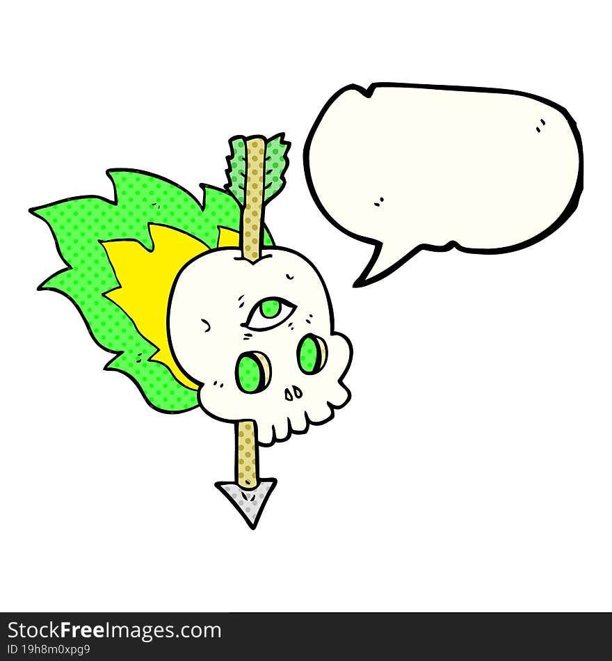 freehand drawn comic book speech bubble cartoon magic skull with arrow through brain