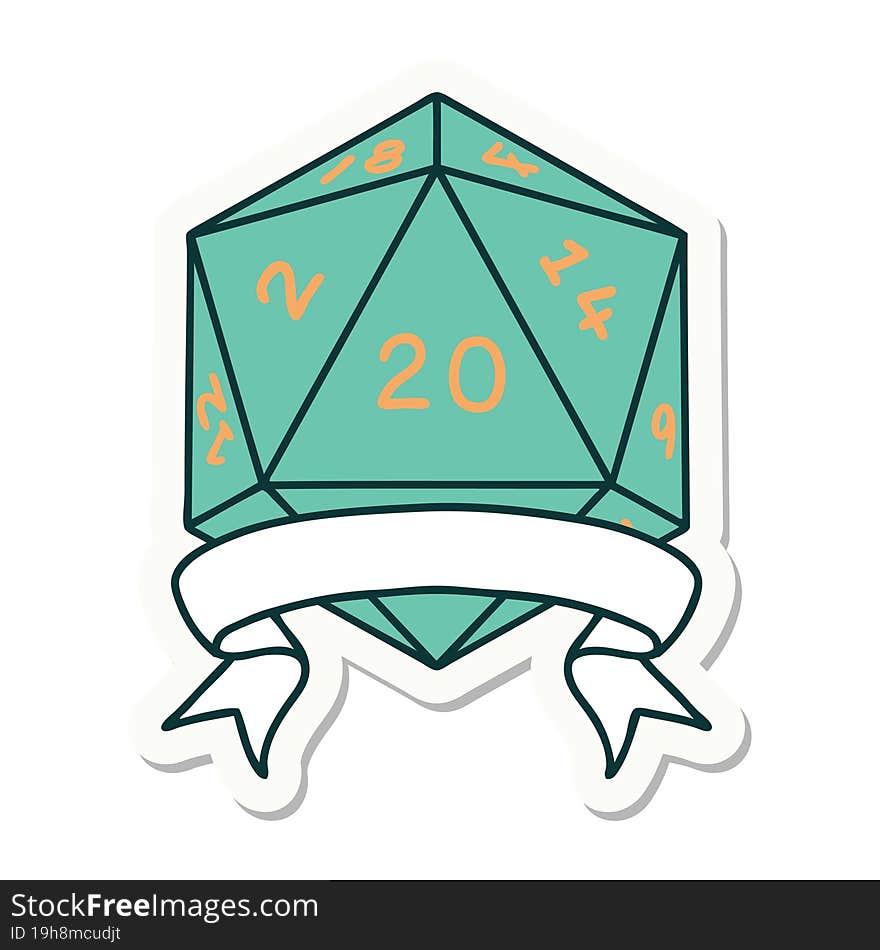 sticker of a natural 20 critical hit D20 dice roll. sticker of a natural 20 critical hit D20 dice roll