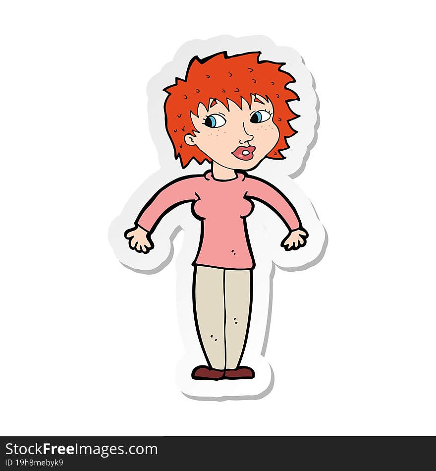 sticker of a cartoon woman shrugging shoulders