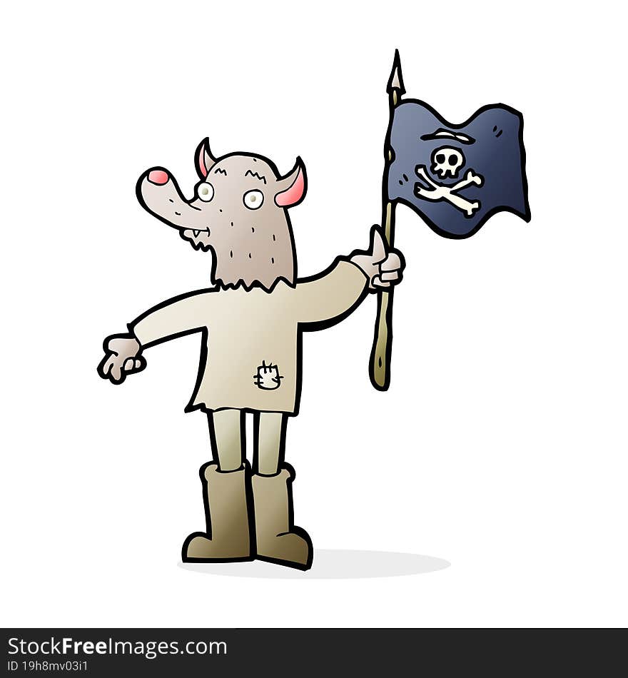 cartoon wolf man waving pirate flag