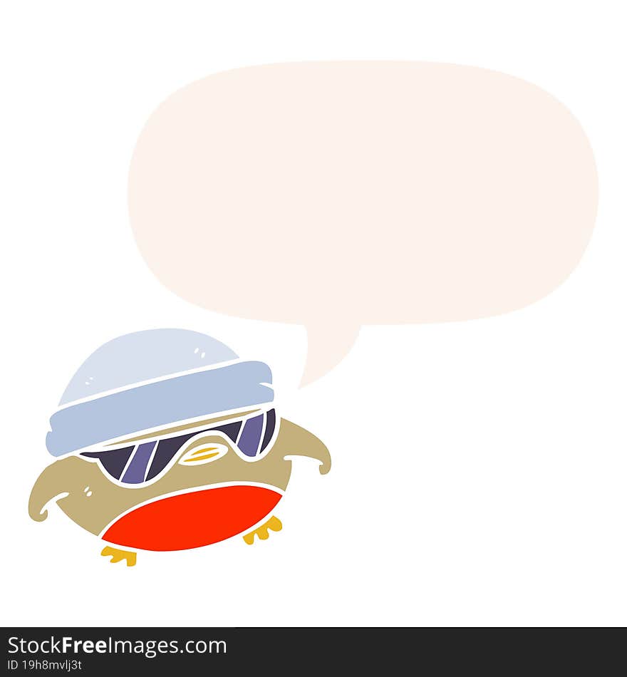 cool christmas robin cartoon and sunglasses and speech bubble in retro style