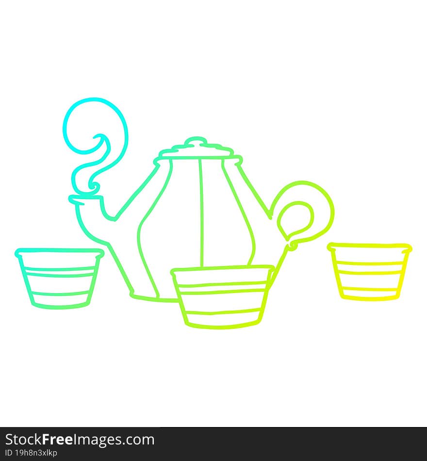 cold gradient line drawing cartoon teapot and cups