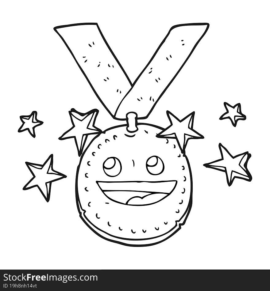 freehand drawn black and white cartoon happy sports medal