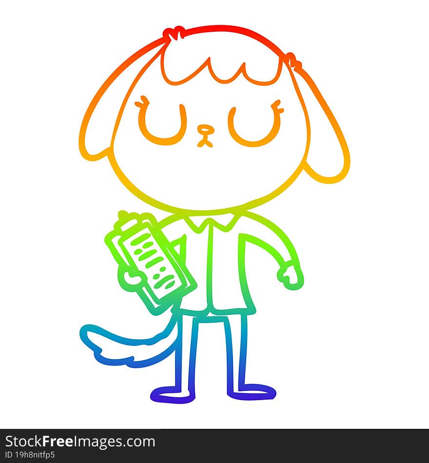 rainbow gradient line drawing of a cute cartoon dog wearing office shirt