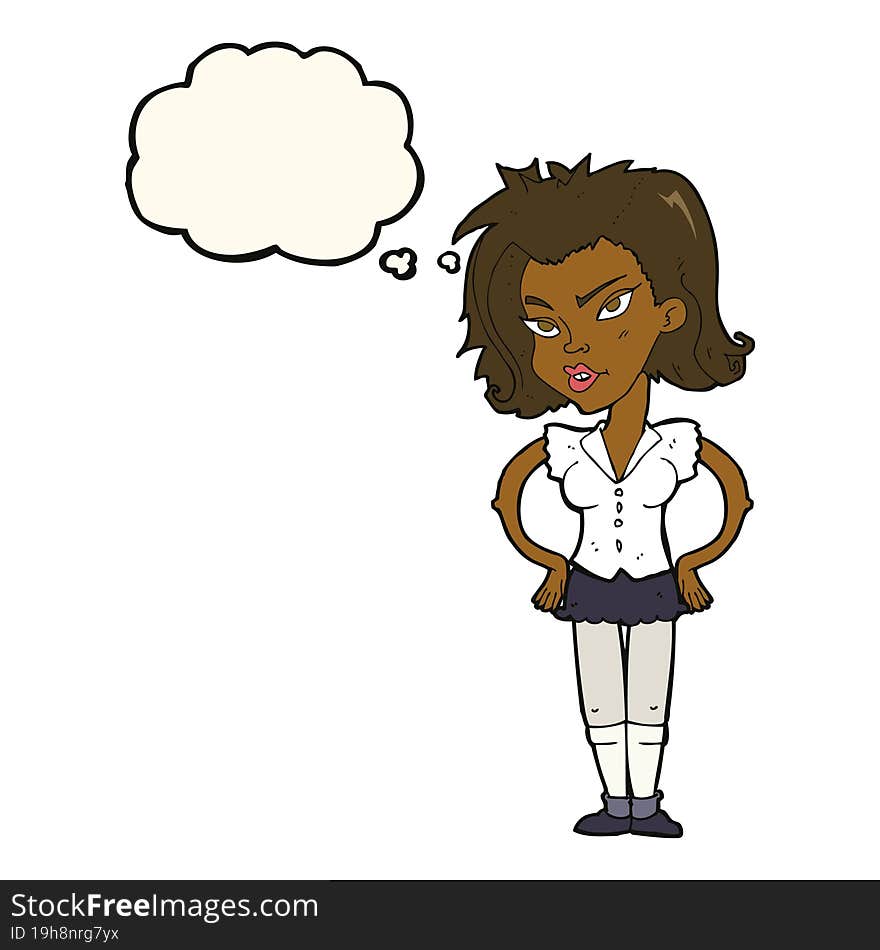 cartoon woman with hands on hips with thought bubble