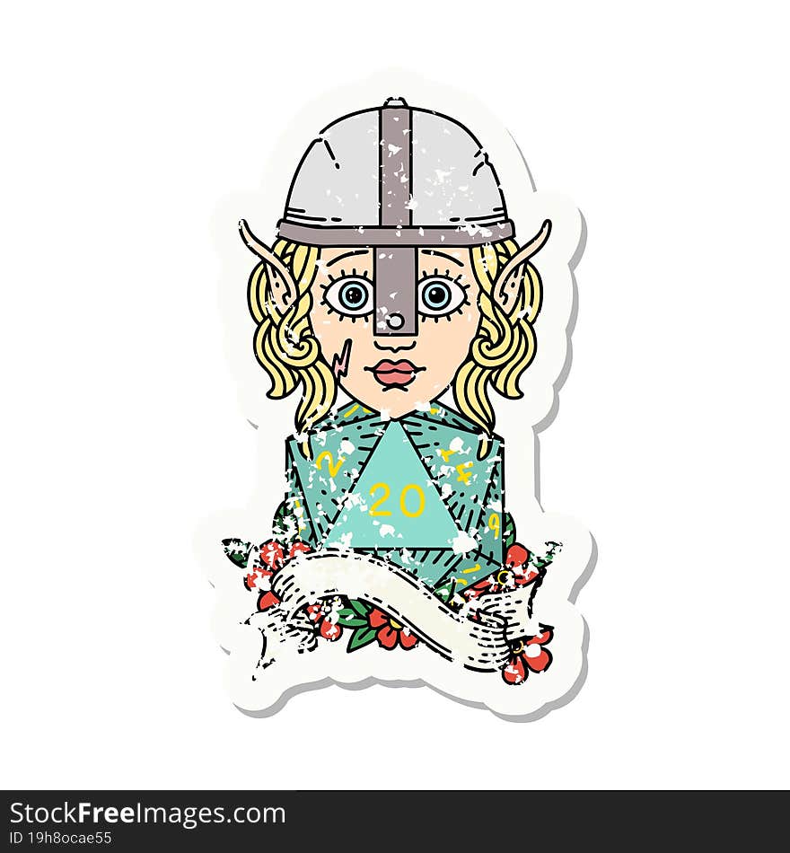 Elf Fighter Character With Natural Twenty Dice Roll Grunge Sticker