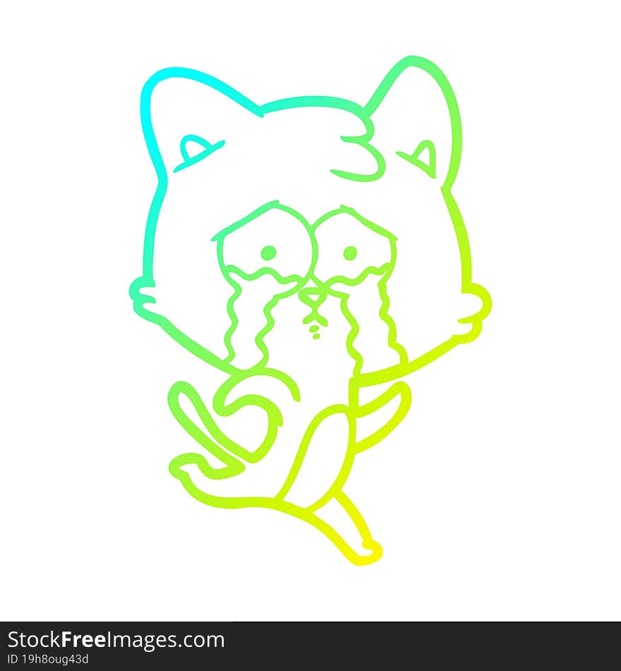 Cold Gradient Line Drawing Cartoon Crying Cat