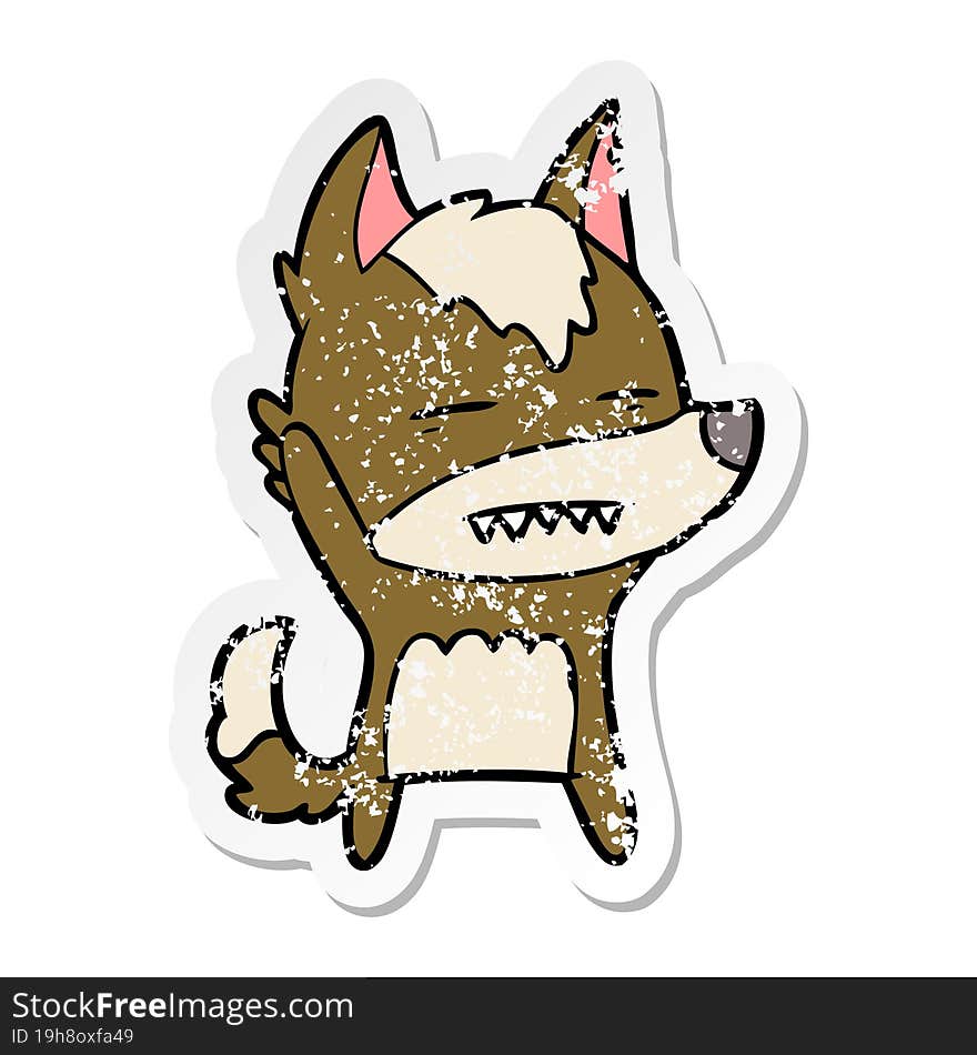 distressed sticker of a cartoon wolf waving showing teeth