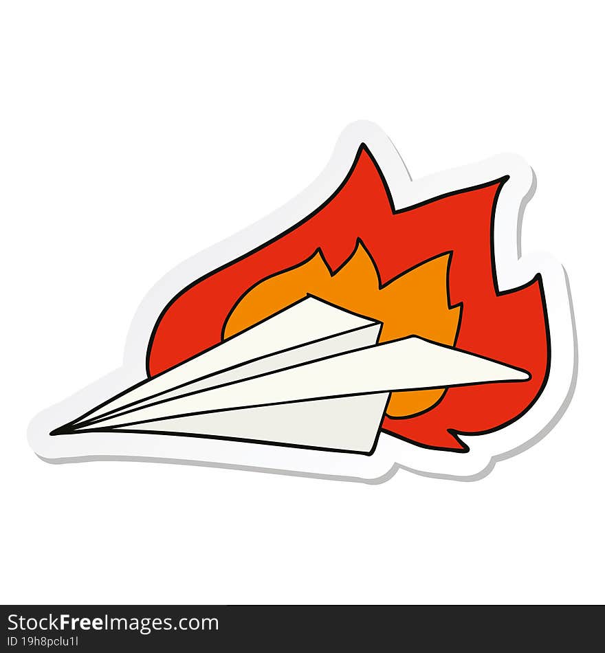 Sticker Of A Cartoon Burning Paper Airplane