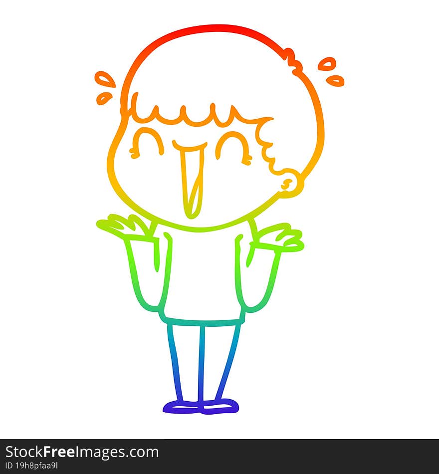 Rainbow Gradient Line Drawing Laughing Cartoon Man Shrugging Shoulders