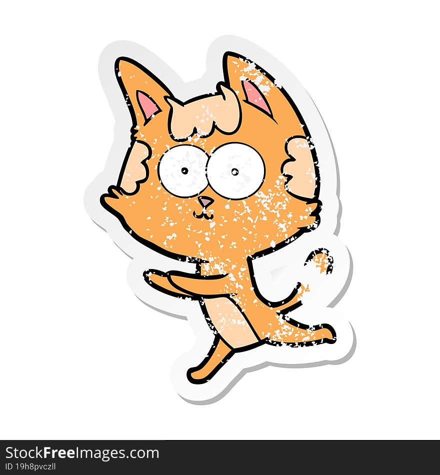 distressed sticker of a happy cartoon cat