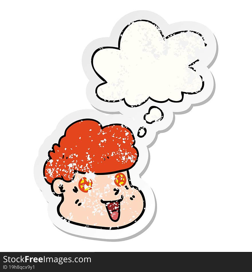 cartoon boy\'s face with thought bubble as a distressed worn sticker