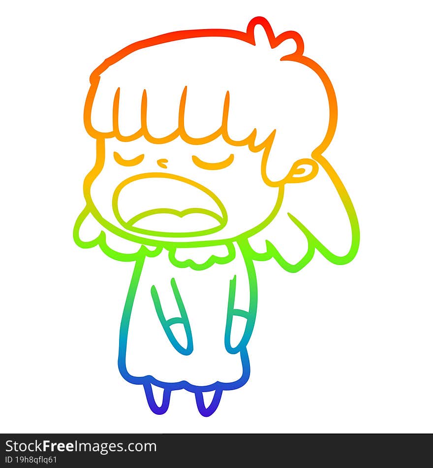 rainbow gradient line drawing cartoon woman talking loudly