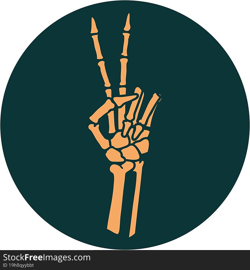 tattoo style icon of a skeleton hand giving a peace sign