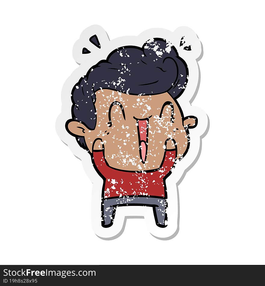 distressed sticker of a cartoon happy man