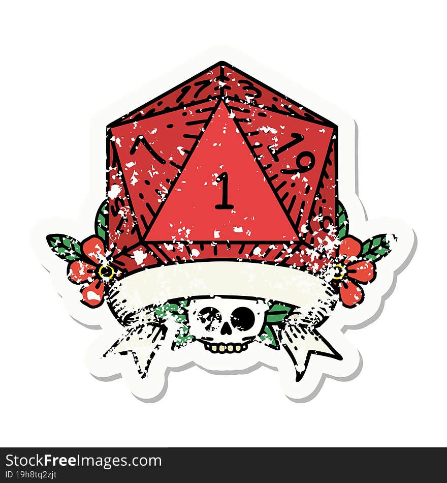 grunge sticker of a natural one d20 dice roll. grunge sticker of a natural one d20 dice roll