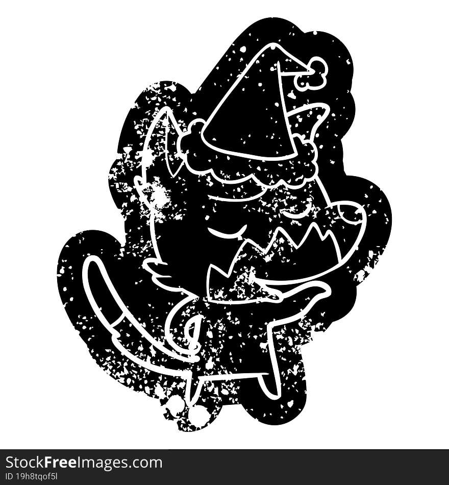 Friendly Cartoon Distressed Icon Of A Fox Wearing Santa Hat