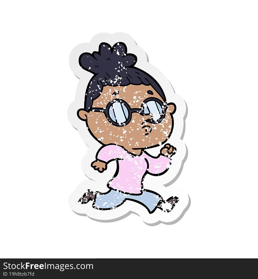 distressed sticker of a cartoon woman wearing glasses