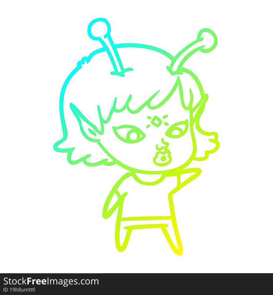 cold gradient line drawing pretty cartoon alien girl