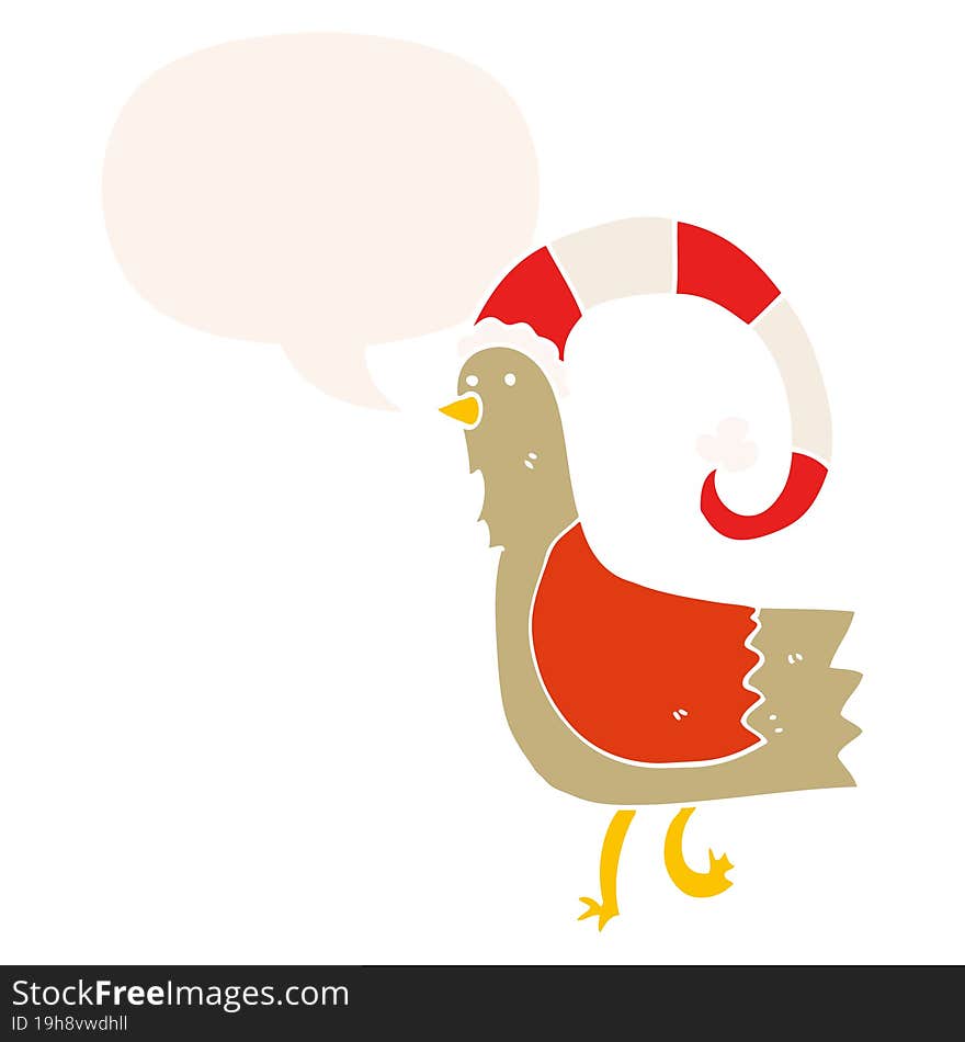 caroton chicken in funny christmas hat and speech bubble in retro style