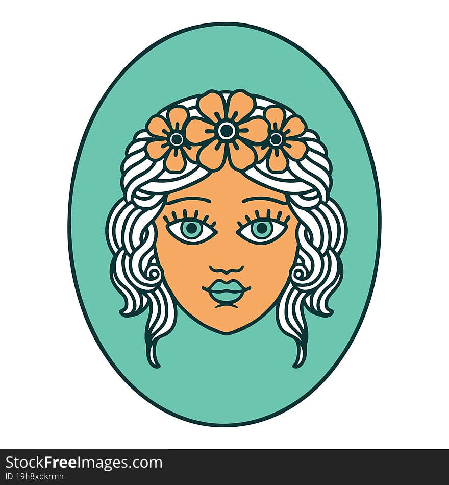 Tattoo Style Icon Of A Maiden With Crown Of Flowers