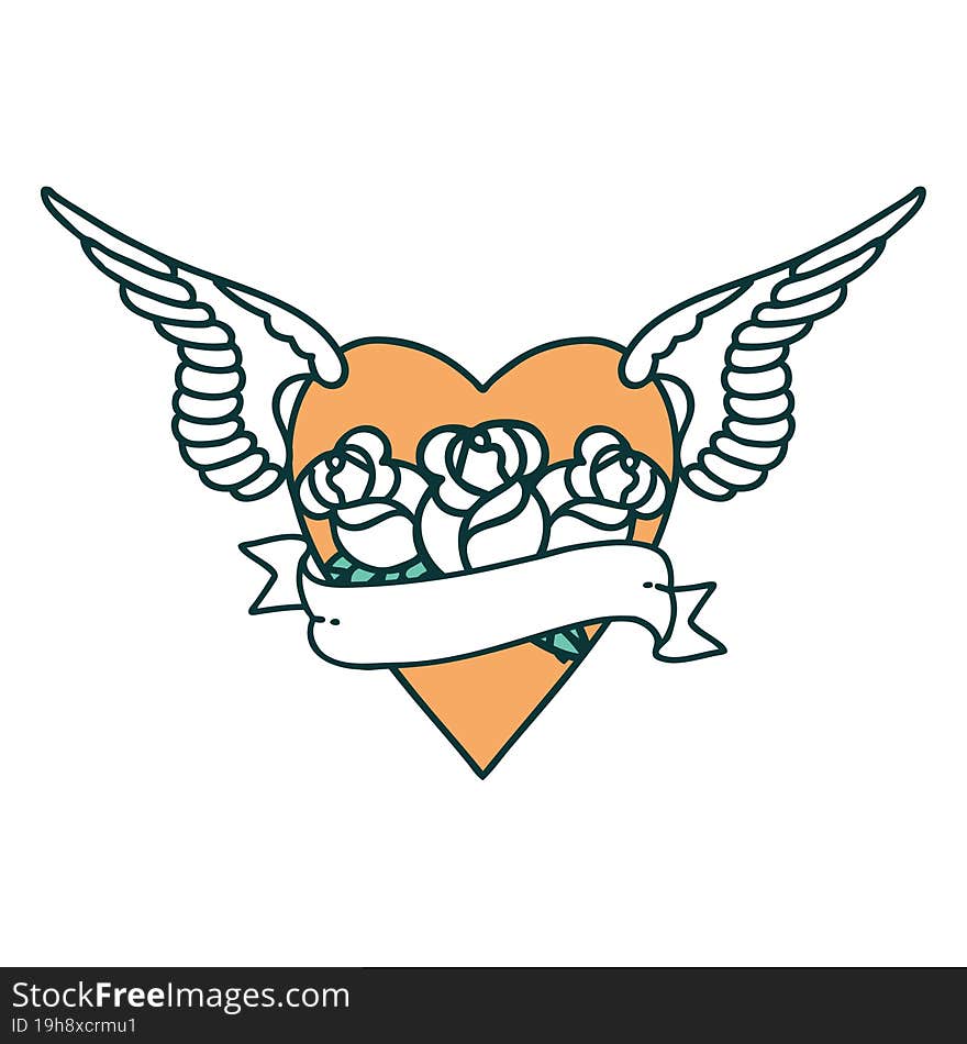 Tattoo Style Icon Of A Heart With Wings Flowers And Banner