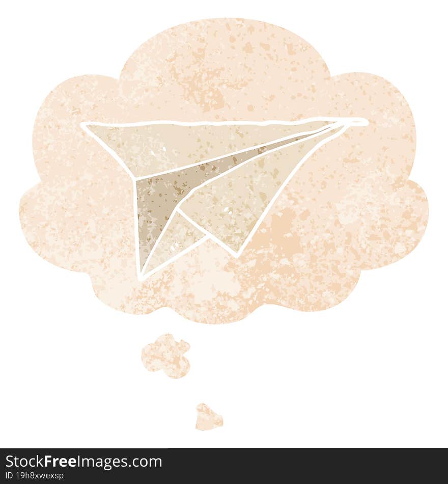 cartoon paper airplane and thought bubble in retro textured style