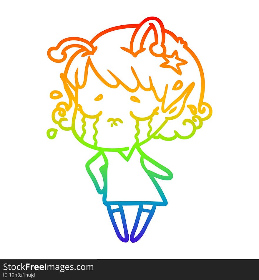 rainbow gradient line drawing of a cartoon crying alien girl