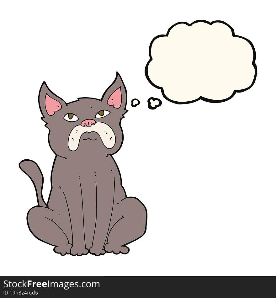 cartoon grumpy little dog with thought bubble