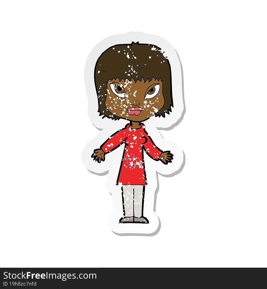 retro distressed sticker of a cartoon woman with open arms