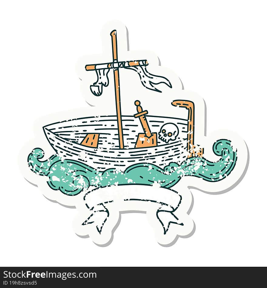 grunge sticker of tattoo style empty boat with skull