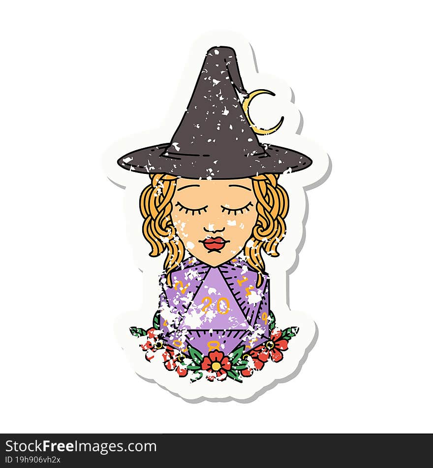 grunge sticker of a human witch with natural twenty dice roll. grunge sticker of a human witch with natural twenty dice roll